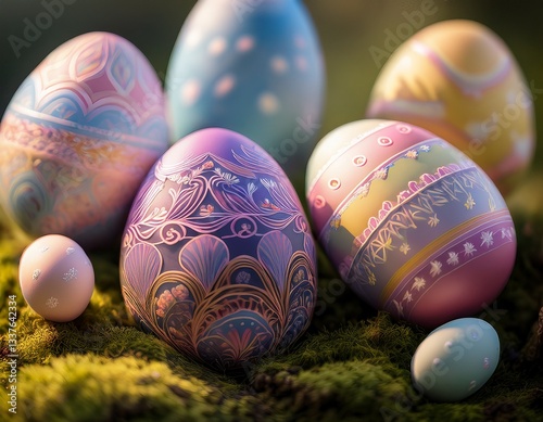  close-up of beautifully decorated Easter eggs, each with intricate patterns