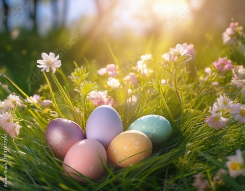 A vibrant display of colorful Easter eggs hidden among fresh spring grass