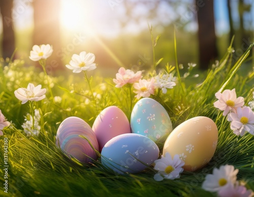 A vibrant display of colorful Easter eggs hidden among fresh spring grass