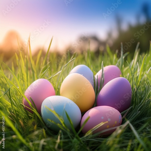 A vibrant display of colorful Easter eggs hidden among fresh spring grass