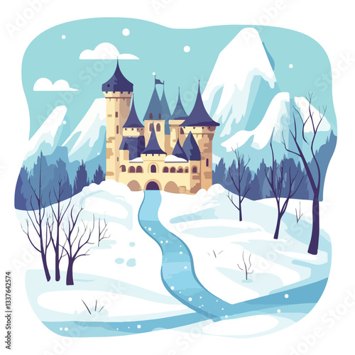 Serene Winter Landscape with Castle and White Mountains Covered in Snow