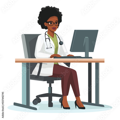 Female Doctor Working at Hospital Desk with Computer Vector Illustration