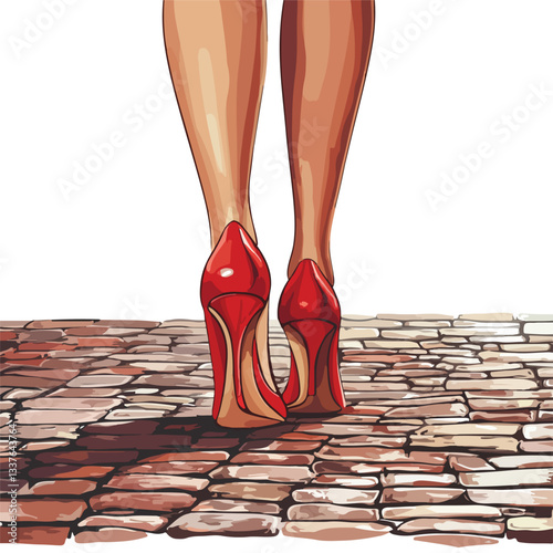 Elegant Woman's Legs in Red Stilettos Stepping Onto Cobblestone Pathway