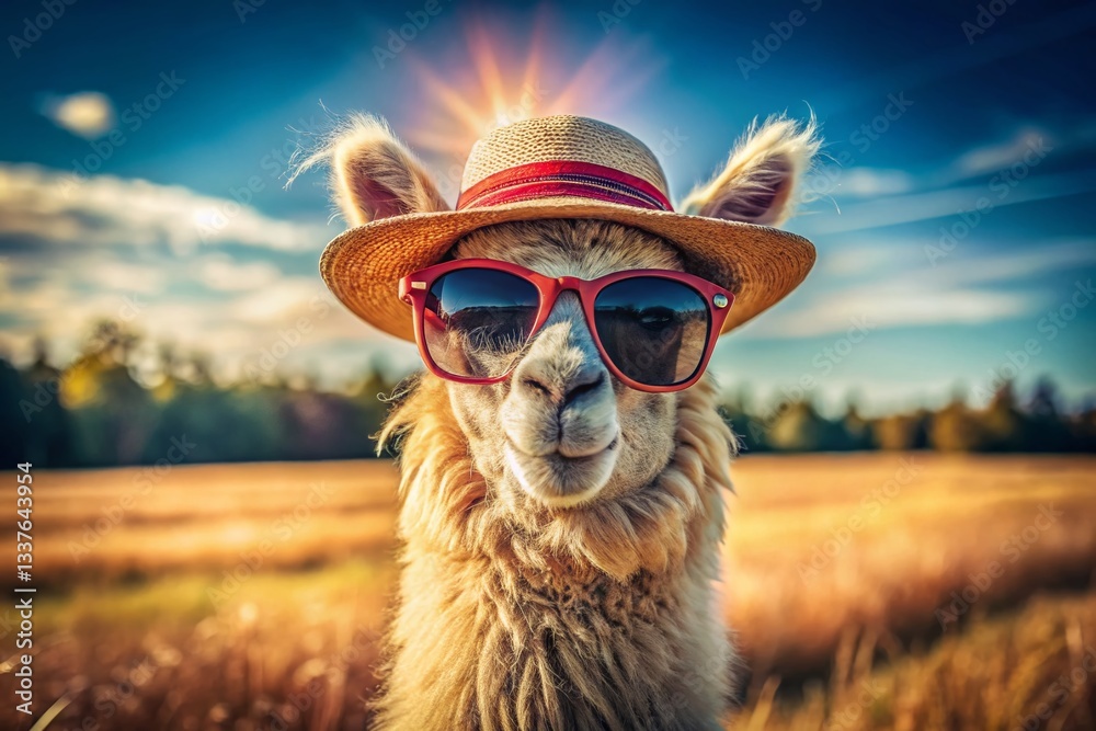 Fototapeta premium Funny Alpaca in Sunglasses and Hat, Long Exposure Farm Portrait