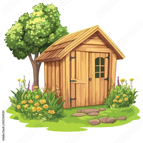 Rustic Wooden Shed Garden Vector Illustration