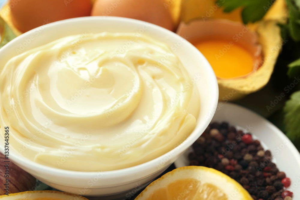 Delicious mayonnaise sauce in bowl and ingredients on table, closeup Delicious mayonnaise sauce in bowl and ingredients on table, closeup