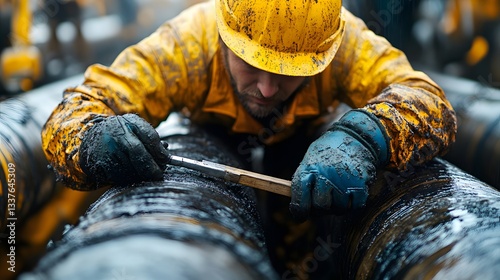 A close-up view of an oil pipeline worker diligently performing maintenance and inspection tasks. Oil Production Process Theme Background