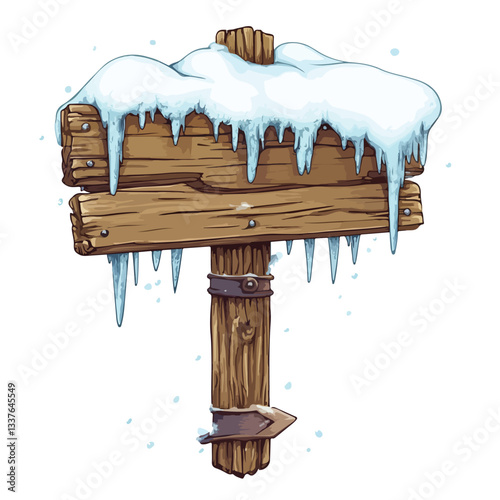 Snow and Ice Covered Wooden Signboard for Winter Themes