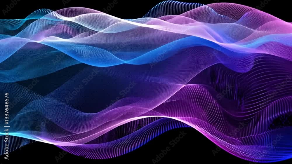 Abstract purple and blue glowing wave particles on black background. (1)
