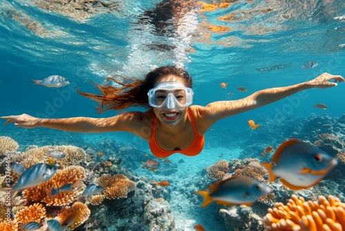 Crystal clear ocean view. A dense school of silver fish swims next to her. Fun in the sun snorkeling. Bright commercial style image. Woman diving near corals. Woman snorkeling with fish. photo