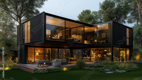 Modern Home in Nature: A stunning, modern house featuring expansive glass windows, blending contemporary design with a lush natural setting, showcasing the interplay of light, space, and nature.