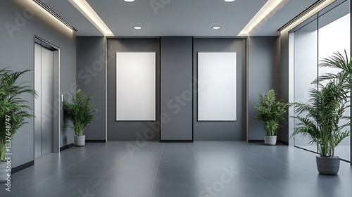 Two white vertical billboards, a mockup, standing side by side in the middle of an office hallway with modern gray walls, two open elevator doors on one side, and plants around it. 