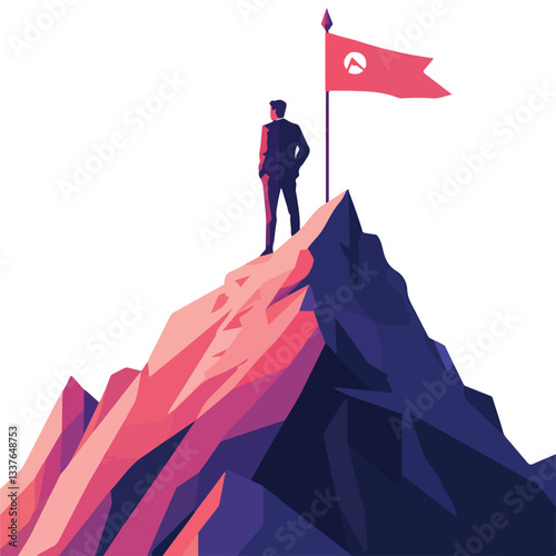 Confident Young Businessman Standing on Mountain Edge