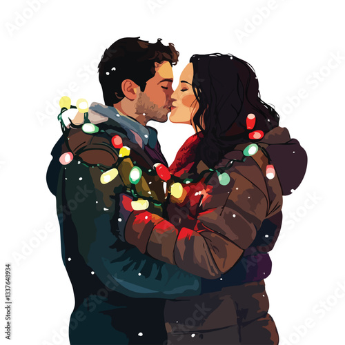 Romantic Young Couple Kissing Under Bright Christmas Lights