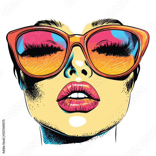 Young Female Face with Sunglasses Pop Art Vector Illustration