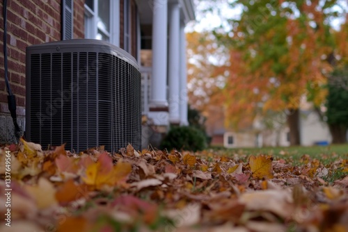Fototapeta Naklejka Na Ścianę i Meble -  Autumnal home exterior with air conditioner unit amidst fallen leaves