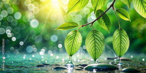 Glistening Raindrops on Lush Green Leaves After Waterfall, Nature Photography