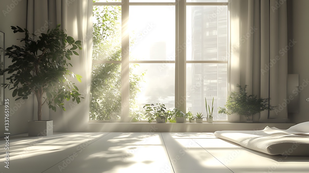 Fototapeta premium Cozy Bedroom with Sunlight Streaming Through Window / 窓から太陽の光が差し込む居心地の良い寝室