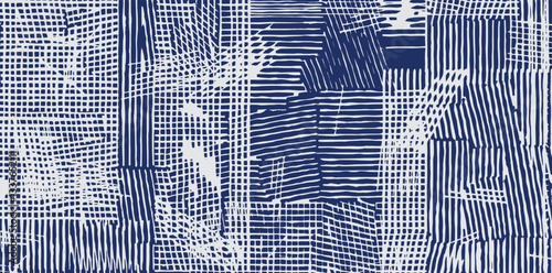 Abstract hand drawn brush lines, rough and experimental pattern in white and indigo blue, Japanese and tribal wood carving, weaving, basketry textured surface background, irregular stripes graphic