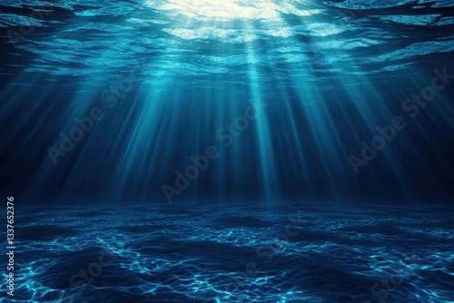 Sunlight beams illuminate the deep blue underwater scene.
