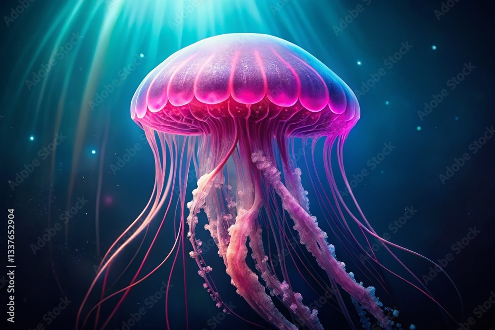 Naklejka premium Glowing Pink Jellyfish Underwater, Ocean Life Stock Photo, Bioluminescent Sea Creature PNG