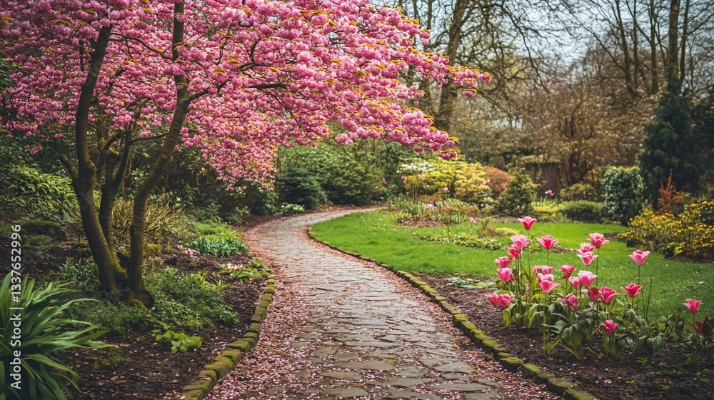 Spring blossoms line a winding stone path Spring blossoms line a winding stone path