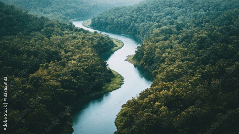 Aerial view of a winding river flowing through lush green foliage wilderness Aerial view of a winding river flowing through lush green foliage wilderness