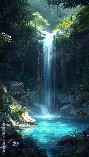 Wallpaper Mural A hidden waterfall deep in the jungle, vines and glowing flowers surrounding the clear blue pool, cinematic nature s secret Torontodigital.ca