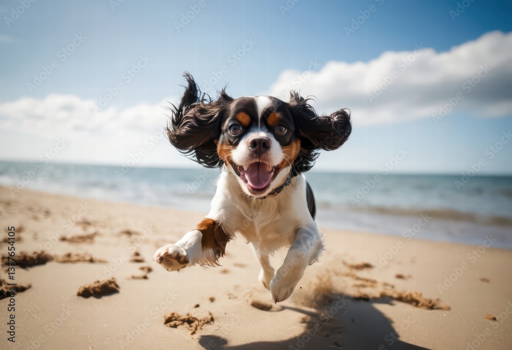 cavalier king charles spaniel dog playing outdoors under blue sky, adorable doggy running on the sand of the beach, funny pet outdoor near the water of the ocean, on the coast of the shore cavalier king charles spaniel dog playing outdoors under blue sky, adorable doggy running on the sand of the beach, funny pet outdoor near the water of the ocean, on the coast of the shore