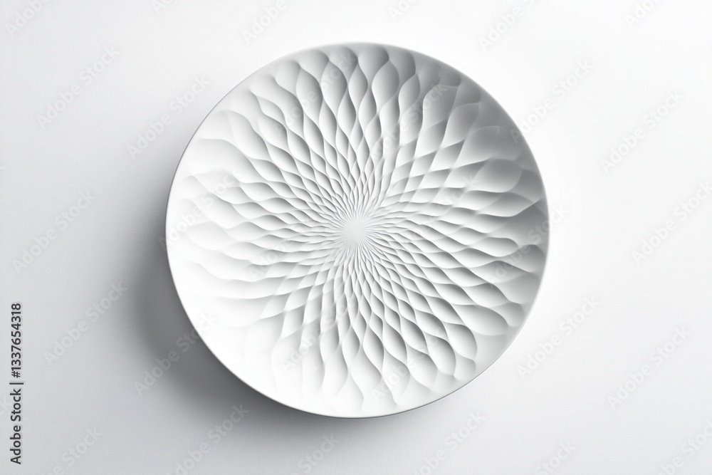 White ceramic plate with embossed floral pattern.