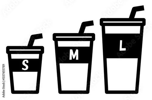 SMLのドリンクカップのシンプルなモノクロのアイコン
