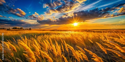 Golden Prairie Sunset:  Vast Grasslands Under a Vibrant Blue Sky - Stock Photo