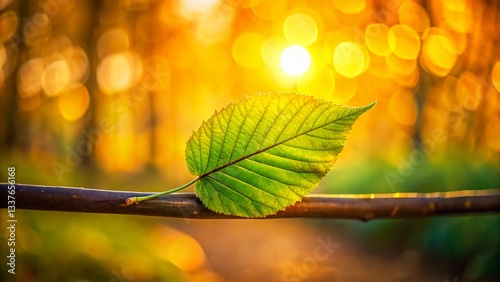 Golden Sunlight on Single Green Leaf, Panoramic Nature Photography