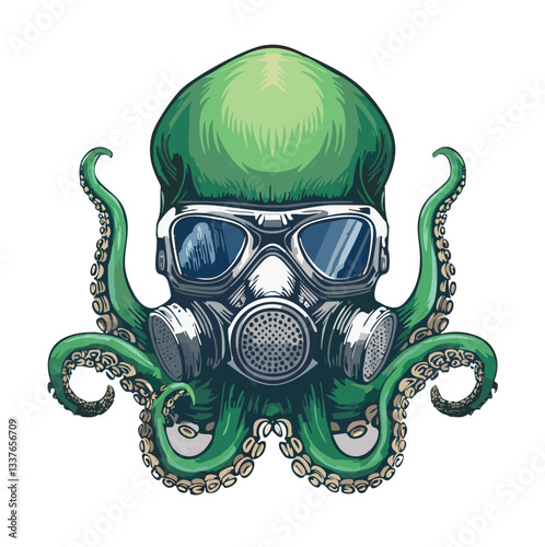 Dark, moody, vintage engraving-style octopus sticker, wearing a gas mask