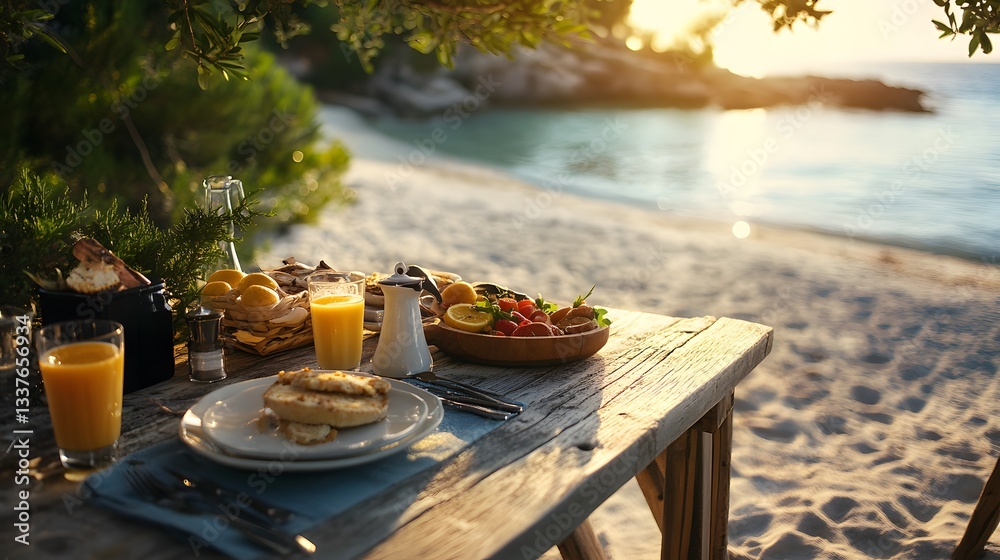 Fototapeta premium Rustic wooden table set for breakfast with traditional Mediterranean dishes by the beach.