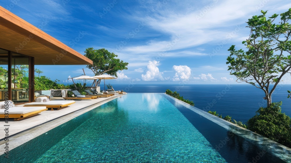 Luxurious tropical resort showcasing an infinity pool with ocean views and vibrant sky Luxurious tropical resort showcasing an infinity pool with ocean views and vibrant sky