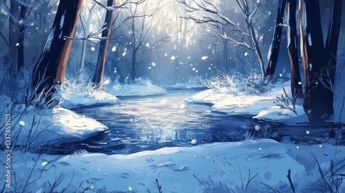 Serene winter scene with a flowing river amidst snow-covered banks and forest photo