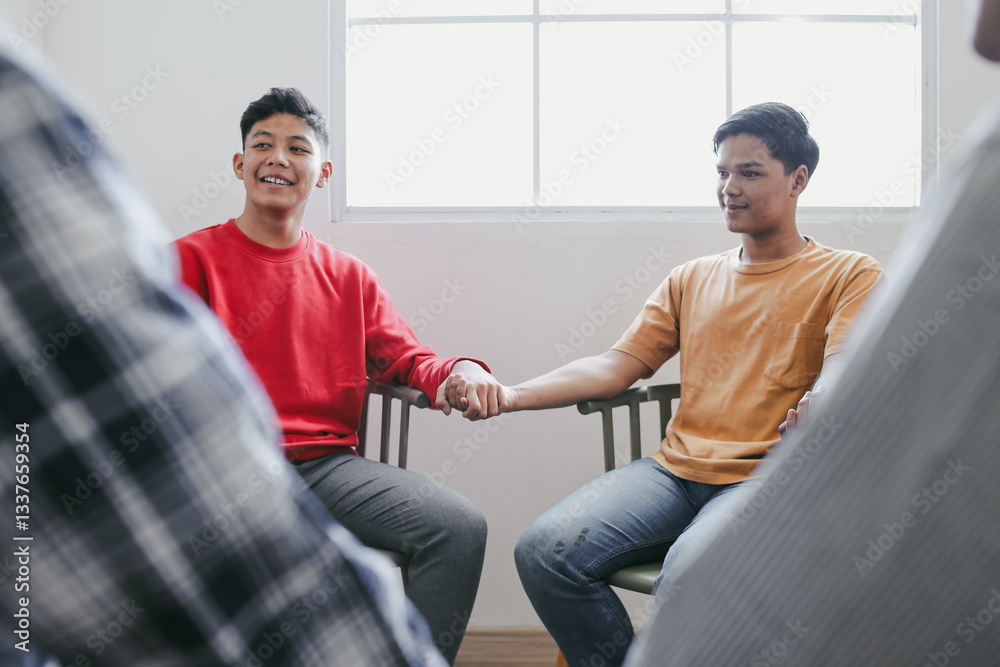 Portrait Of Smiling Two Young Asian Man Holding Hands Each Other For Psychological Support