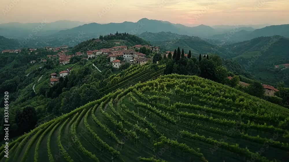Scenic sunset over rolling vineyards and a quaint hillside village in a lush green landscape Scenic sunset over rolling vineyards and a quaint hillside village in a lush green landscape