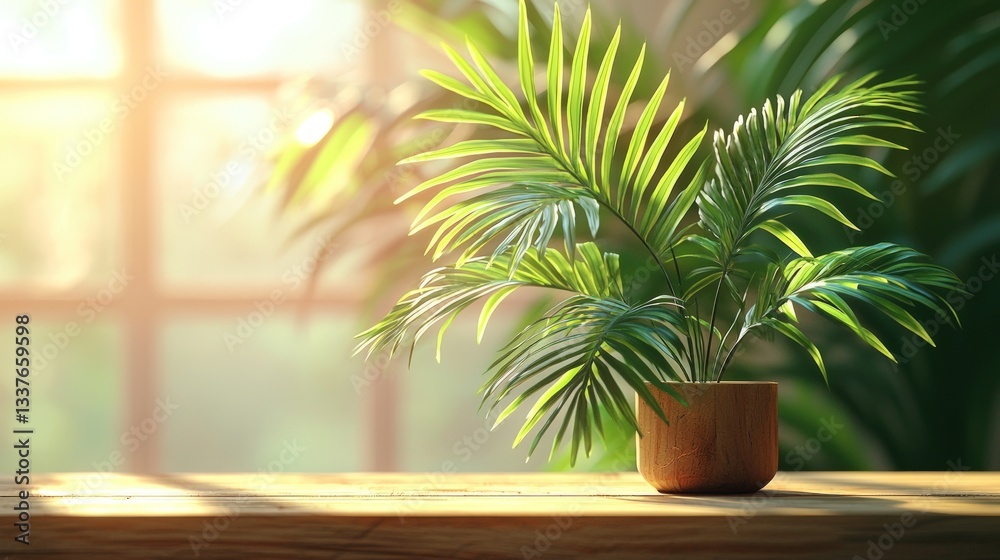 Fototapeta premium Sunlit palm plant in wooden pot on windowsill.