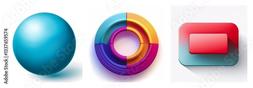 A set of three dimensional shapes are presented: a blue sphere, a segmented colorful circle, and a red and blue rounded rectangle.