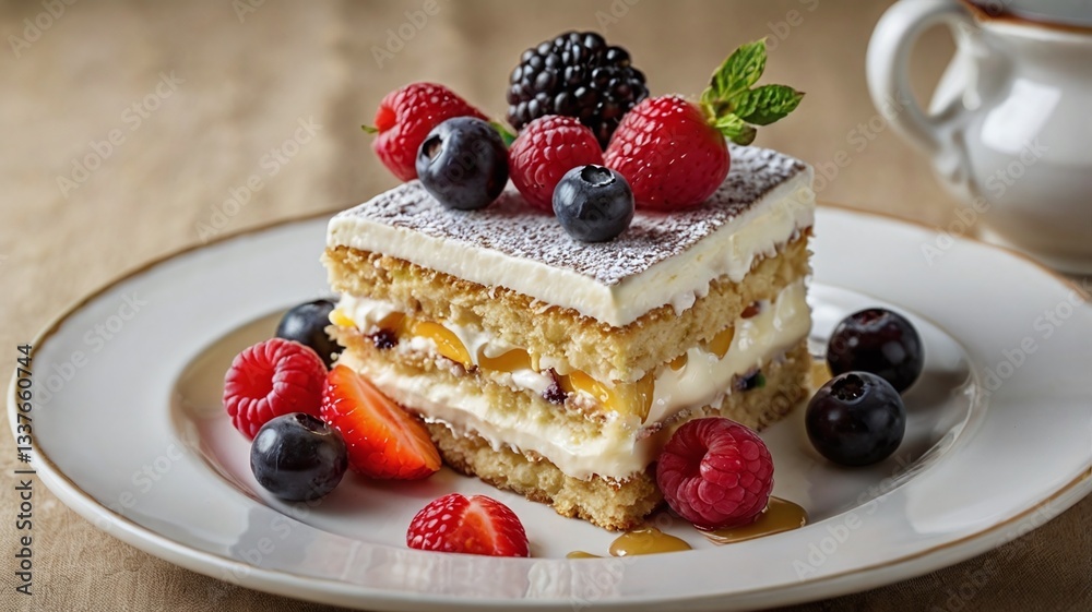 One meringe cake with cream and fruits on plate One meringe cake with cream and fruits on plate