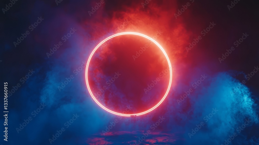 Futuristic round abstract tunnel with glowing blue neon circle light arches, radiating rays, and mysterious smoke effects creating a high-tech sci-fi atmosphere in a dark surreal background