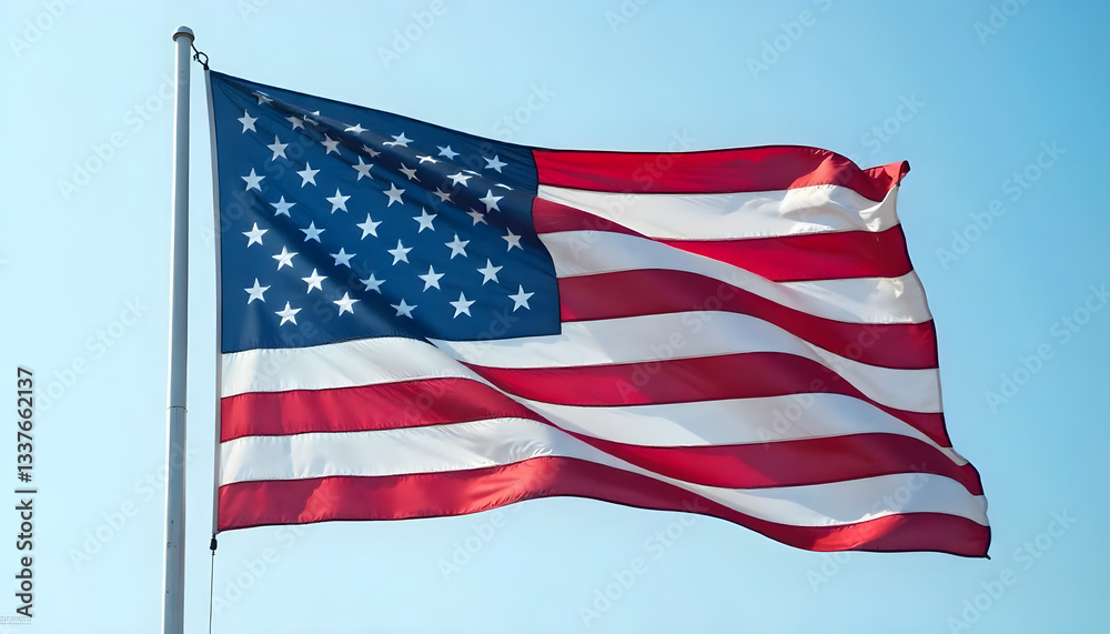 Obraz premium The American flag, with its iconic red, white, and blue colors, symbolizes patriotism and national pride.
