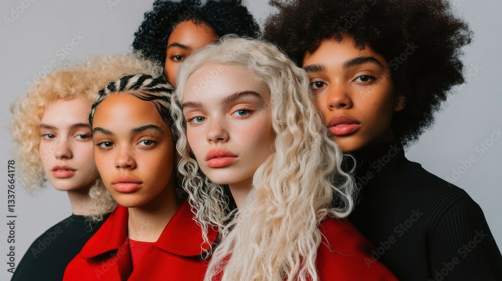 Obraz premium Five individuals with diverse hairstyles and neutral expressions standing together against a plain background