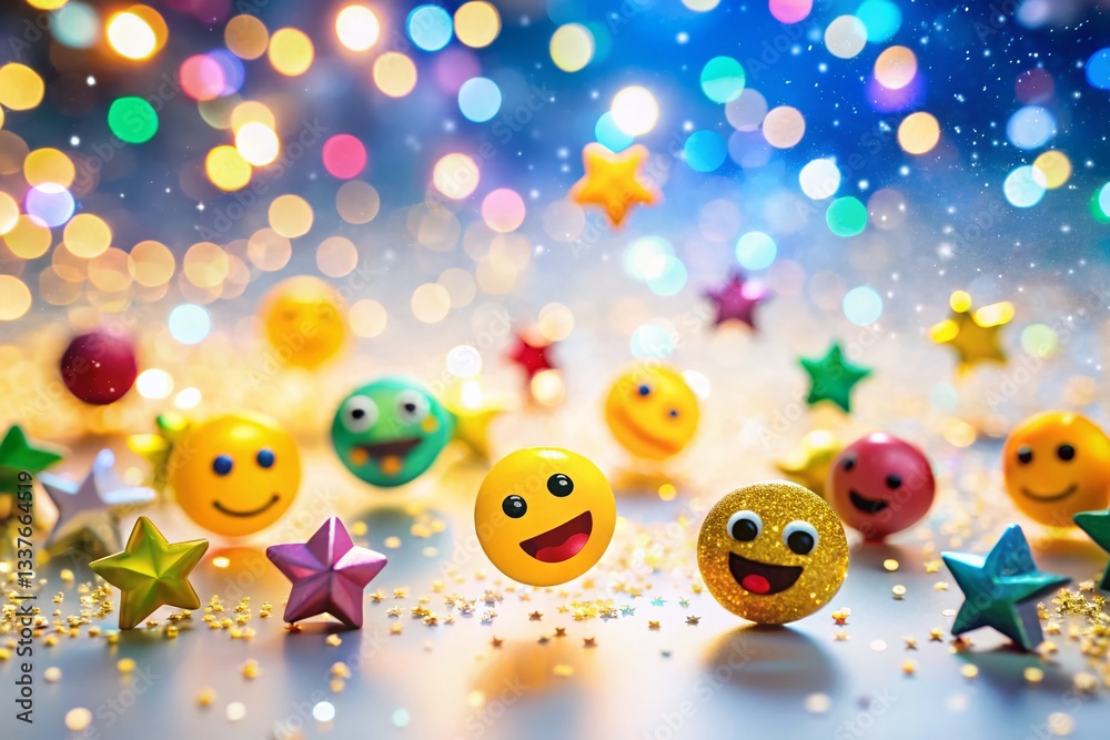 Obraz premium Happy Emojis, Stars & Geometric Shapes Bokeh Background - Festive Stock Photo