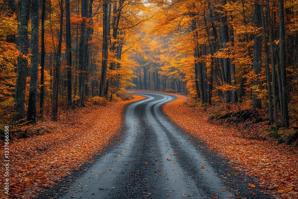 Obraz premium Autumnal forest road winds through vibrant foliage