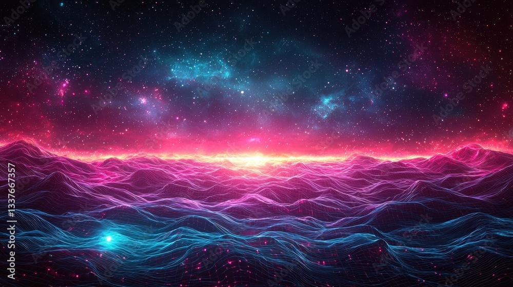 Fototapeta premium Pink and blue cosmic landscape with glowing waves and stars.