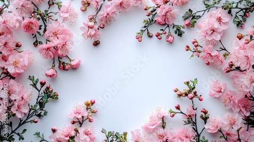 Pink blossom flower frame on white background.
