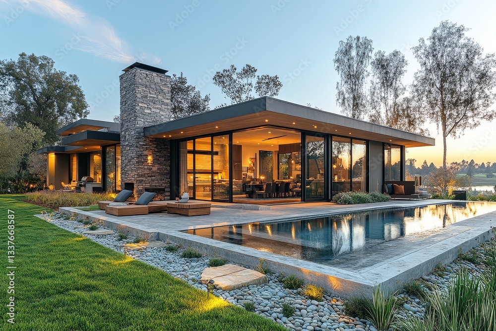 Modern farmhouse exterior in Livermore, California, featuring a long grass lawn, grey noise wall, pool, outdoor seating, lake and forest view, and sunset lighting. Modern farmhouse exterior in Livermore, California, featuring a long grass lawn, grey noise wall, pool, outdoor seating, lake and forest view, and sunset lighting.